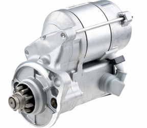 Starter motor by Denso, 12V 1.2kW for Kubota L Series, metallic silver finish.