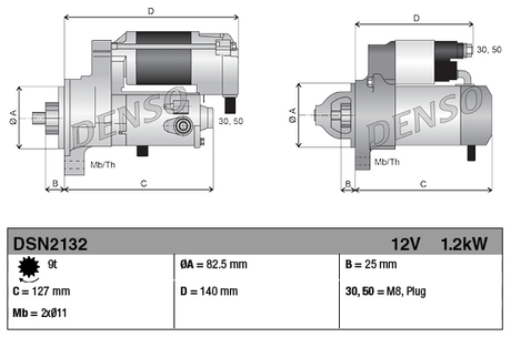 Denso starter motor DSN2132, 12V 1.2kW for Kubota L Series