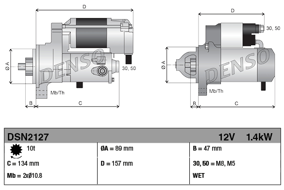 Denso starter motor; 12V 1.4kW for Bobcat 553/653/S70, two-view technical drawings