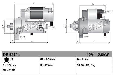 Denso starter motor DSN2124, 12V 2.0kW for Kubota KX/R/U series