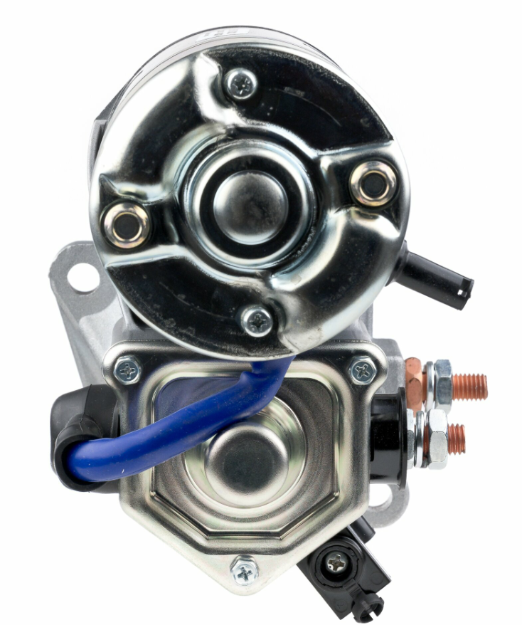 Denso starter motor for forklifts, 12V 2.7kW, chrome housing with blue wire.
