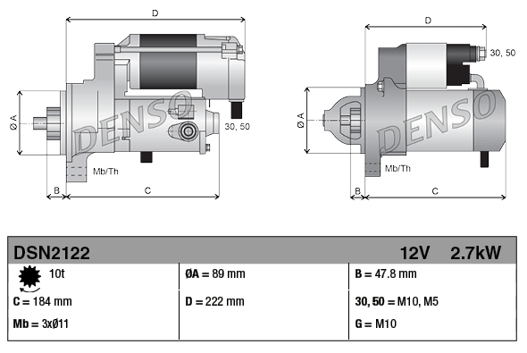 Denso starter motor DSN2122, 12V 2.7kW for Hyster H Series forklifts; dimensional diagram.