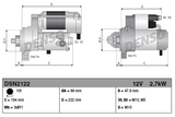 Denso starter motor DSN2122, 12V 2.7kW for Hyster H Series forklifts; dimensional diagram.