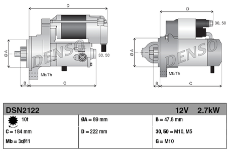 Denso starter motor DSN2122, 12V 2.7kW for Hyster H Series forklifts; dimensional diagram.