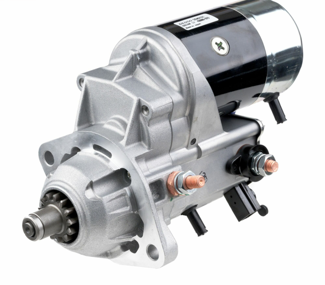 Denso 12V starter motor for Cummins ISB engine, 2.7kW; silver/black metal housing, gear drive