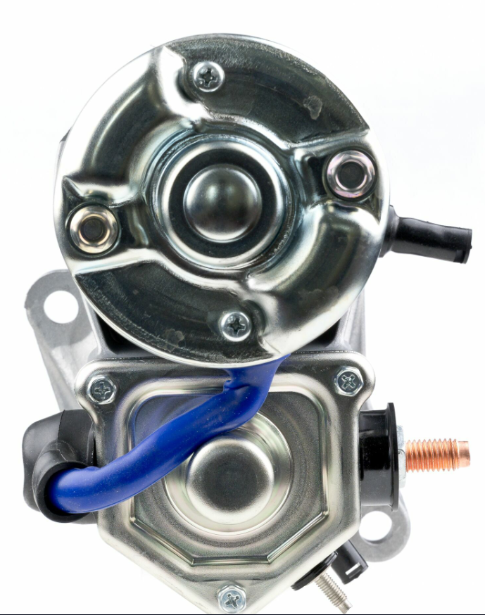 Denso starter motor with blue wire, metallic housing, and copper terminal post