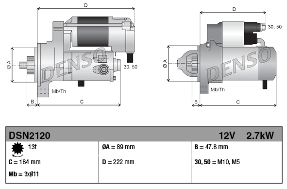 Denso Starter Motor 12V 2.7kW; two-view illustration with DSN2120 specs