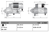 Denso Starter Motor 12V 2.7kW; two-view illustration with DSN2120 specs