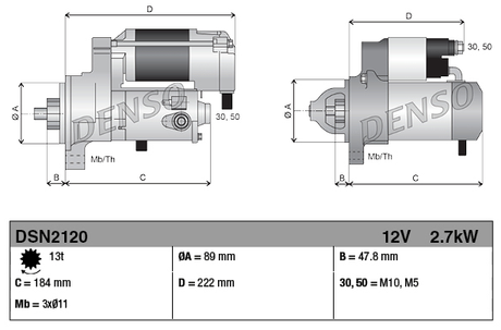 Denso Starter Motor 12V 2.7kW; two-view illustration with DSN2120 specs