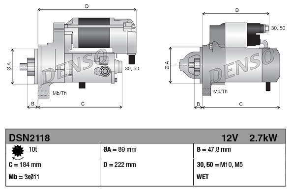 Denso starter motor, 12V 2.7kW, for Hyster H155XL forklift, machinery starters