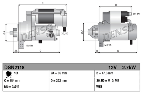 Denso starter motor, 12V 2.7kW, for Hyster H155XL forklift, machinery starters