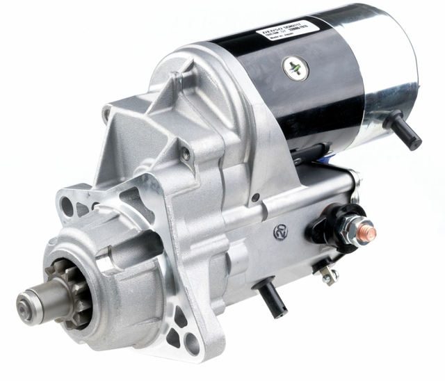 Denso starter motor, 12V 2.7kW for Hyster/Yale forklifts with metal housing and mounting flange.