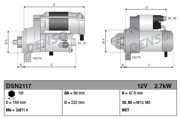 Denso starter motor, 12V, 2.7kW for Hyster and Yale forklifts