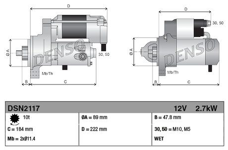 Denso starter motor, 12V, 2.7kW for Hyster and Yale forklifts