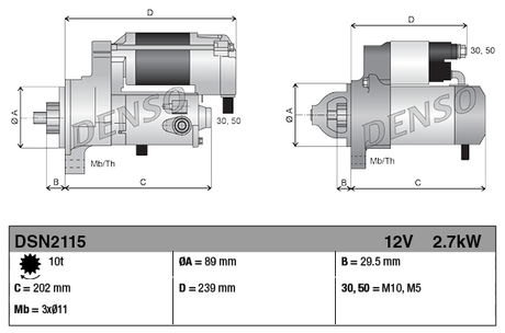 Denso starter motor, 12V 2.7kW for Caterpillar 400 series machinery