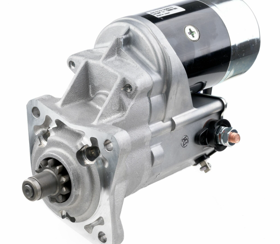 Denso starter motor 12V 2.5kW for Caterpillar T/V forklift series; gray housing, black canister, front pinion gear.