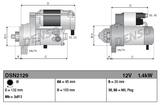 Denso 12V 1.4kW starter motor for Isuzu-powered equipment; two-view engineering drawing with dimensions