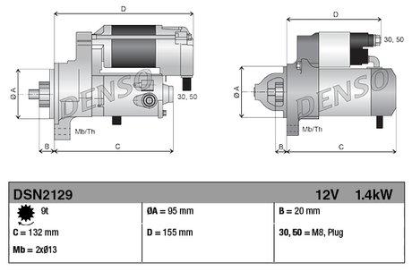 Denso 12V 1.4kW starter motor for Isuzu-powered equipment; two-view engineering drawing with dimensions