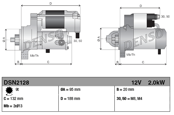 Denso starter motor, 12V 2.0kW for Komatsu PC50 and Hyster S25