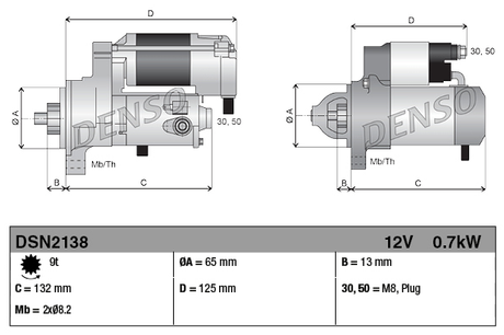 Denso starter motor, 12V 0.7kW, for John Deere 160, 165, GX95, shown in two diagrams.