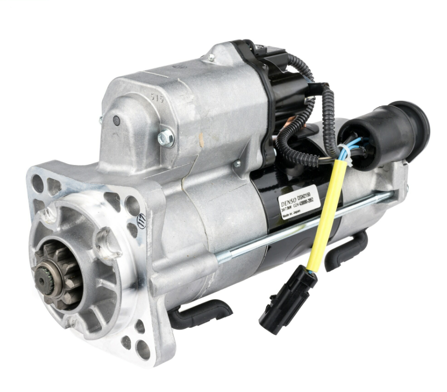Denso starter motor, 24V 7.8kW for Caterpillar equipment, silver housing with black solenoid.