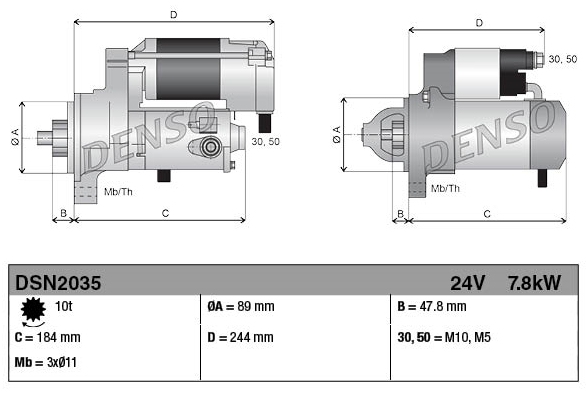 Denso gear reduction starter motor, 24V 7.8kW for Cummins, two-view dimensioned technical drawing