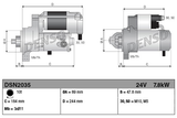 Denso gear reduction starter motor, 24V 7.8kW for Cummins, two-view dimensioned technical drawing