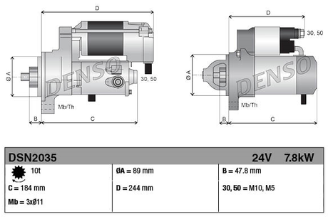 Denso gear reduction starter motor, 24V 7.8kW for Cummins, two-view dimensioned technical drawing