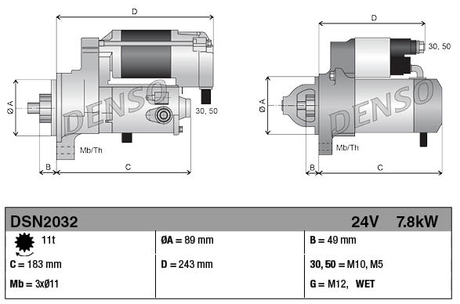 Gear reduction starter motor by Denso, 24V 7.8kW for Case IH AFX