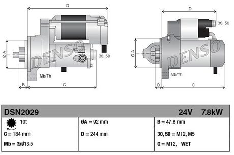 Denso gear reduction starter motor, 24V 7.8kW for Cummins engines, machinery starters category, heavy-duty use