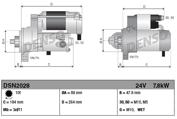 Denso gear reduction starter motor, 24V, 7.8kW, for Hitachi ZW180.
