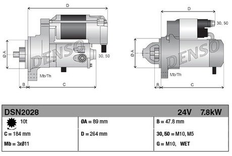Denso gear reduction starter motor, 24V, 7.8kW, for Hitachi ZW180.