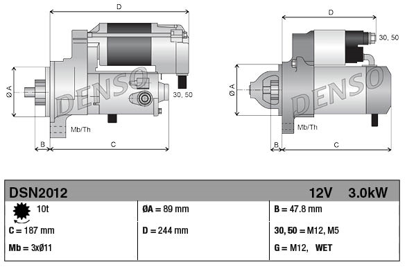 Denso gear reduction starter motor, 12V 3.0kW for Caterpillar 446 and Bobcat, two-view technical diagram