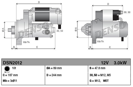 Denso gear reduction starter motor, 12V 3.0kW for Caterpillar 446 and Bobcat, two-view technical diagram