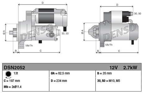 Denso gear reduction starter motor, 12V 2.7kW for John Deere 6059.