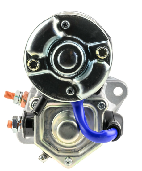Denso gear reduction starter motor; 12V 2.7kW for Cummins, chrome housing and blue lead.