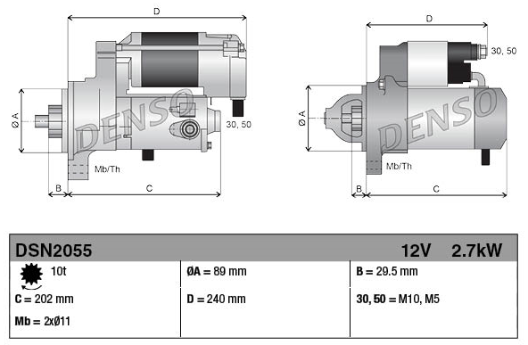Denso Gear Reduction Starter Motor 12V 2.7kW for Caterpillar 200 Series with dual-view diagrams