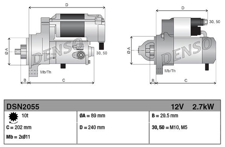 Denso Gear Reduction Starter Motor 12V 2.7kW for Caterpillar 200 Series with dual-view diagrams