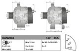 Denso alternator, 14V 85A; two units shown in a two-view diagram with mounting dimensions for Landini, McCormick, Massey Ferguson.