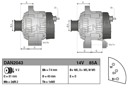 Denso alternator, 14V 85A; two units shown in a two-view diagram with mounting dimensions for Landini, McCormick, Massey Ferguson.