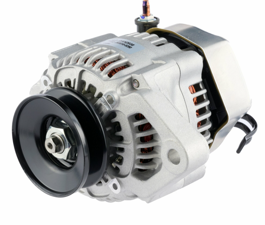 Denso alternator for Kubota, 14V 60A, silver housing with black pulley.