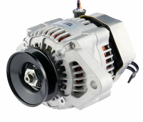 Denso alternator for Kubota, 14V 60A, silver housing with black pulley.