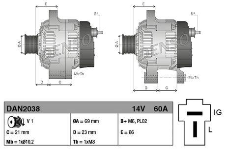 Denso machinery alternator, 14V 60A for Kubota, two units shown with mounting dimensions