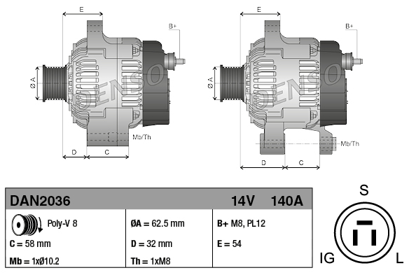 Denso alternator DAN2036, 14V 140A, pair of views for John Deere 8000-9000 series tractors