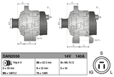 Denso alternator DAN2036, 14V 140A, pair of views for John Deere 8000-9000 series tractors