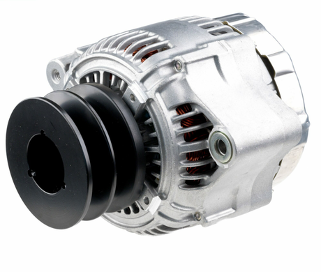 Denso Komatsu 14V 120A alternator with black pulley and silver housing