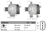 Denso DAN2035 14V 120A machinery alternator for Komatsu, two-view diagrams with mounting dimensions.