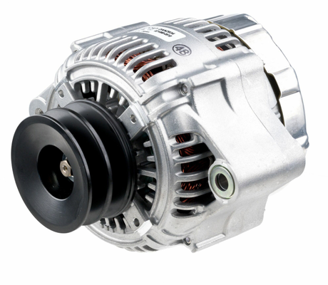Denso alternator, 14V 110A, silver housing with black pulley.