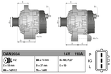 Denso 14V 110A machinery alternator, gray metal, dual views with mounting dimensions shown