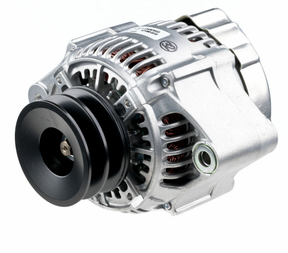 Denso alternator with silver aluminum housing and black pulley, Caterpillar 400 Series, 14V 90A
